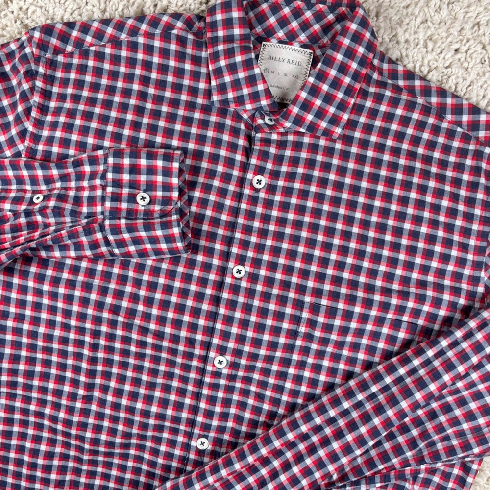 Billy Reid Mens Button Up Small Red Blue Plaid Standard Cut Shirt Americana